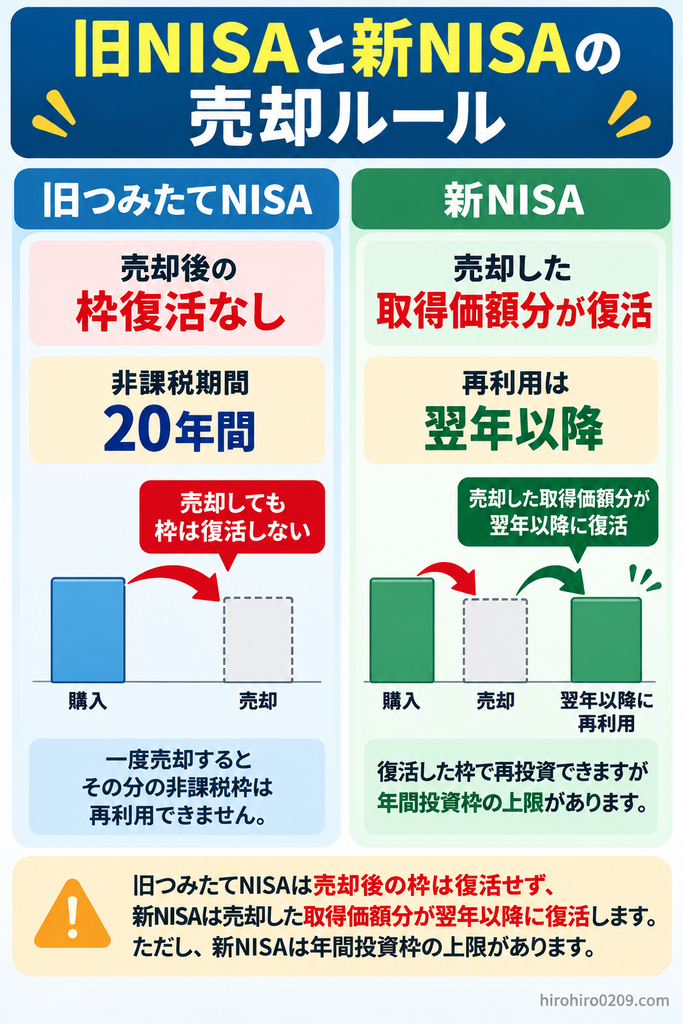 旧つみたてNISAと新NISAの売却後の非課税枠を比較した図解。旧つみたてNISAは非課税期間20年間で売却後の枠復活なし、新NISAは売却した取得価額分を翌年以降に再利用できるが、年間投資枠の上限があることを説明