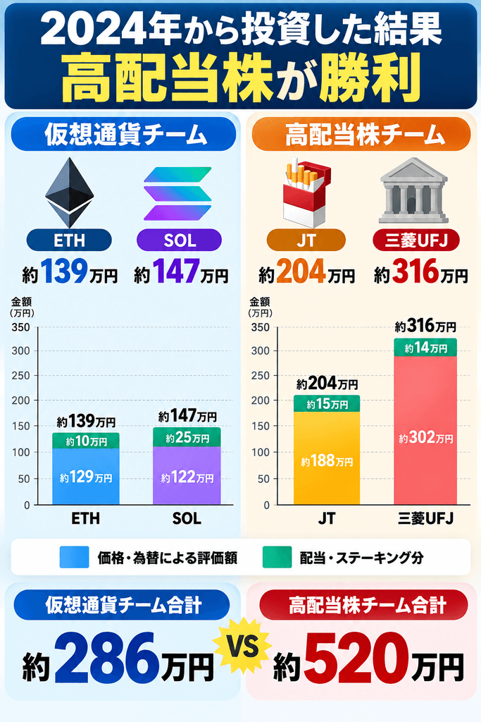 2024年から各100万円を投資した場合のETH・SOLとJT・三菱UFJを比較し、価格・為替による評価額と配当・ステーキング分、最終評価額を棒グラフで示した図解