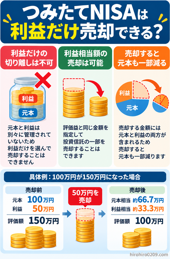 つみたてNISAの利益分だけ売却できるかを解説する図解。利益だけの切り離しはできないが、利益相当額の売却は可能で、元本も一部減る仕組みを説明。元本100万円が評価額150万円になり、50万円を売却すると、元本相当額約66.7万円、利益相当額約33.3万円、評価額100万円が残る計算例を紹介
