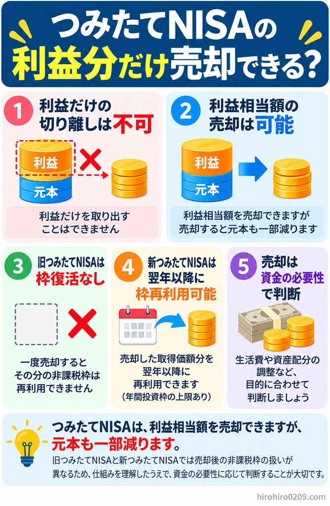 つみたてNISAの利益分だけ売却できるかをまとめた図解。利益だけの切り離しはできないが、利益相当額の売却は可能で元本も一部減ること、旧つみたてNISAは売却後の非課税枠が復活せず、新NISAは売却した取得価額分を翌年以降に再利用できること、売却は資金の必要性に応じて判断することを解説