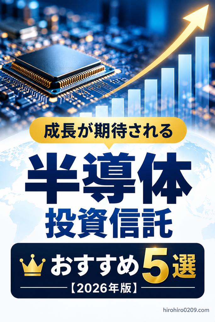 半導体投資信託おすすめ5選【2026年版】の紹介図。半導体チップと上昇グラフを背景に、成長が期待される半導体関連企業への投資をイメージしたイラスト。