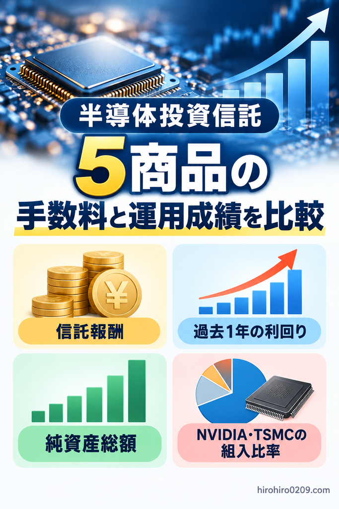 半導体投資信託5商品の手数料と運用成績を比較する図解。信託報酬、過去1年の利回り、純資産総額、NVIDIA・TSMCの組入比率の4項目をイラストで紹介。