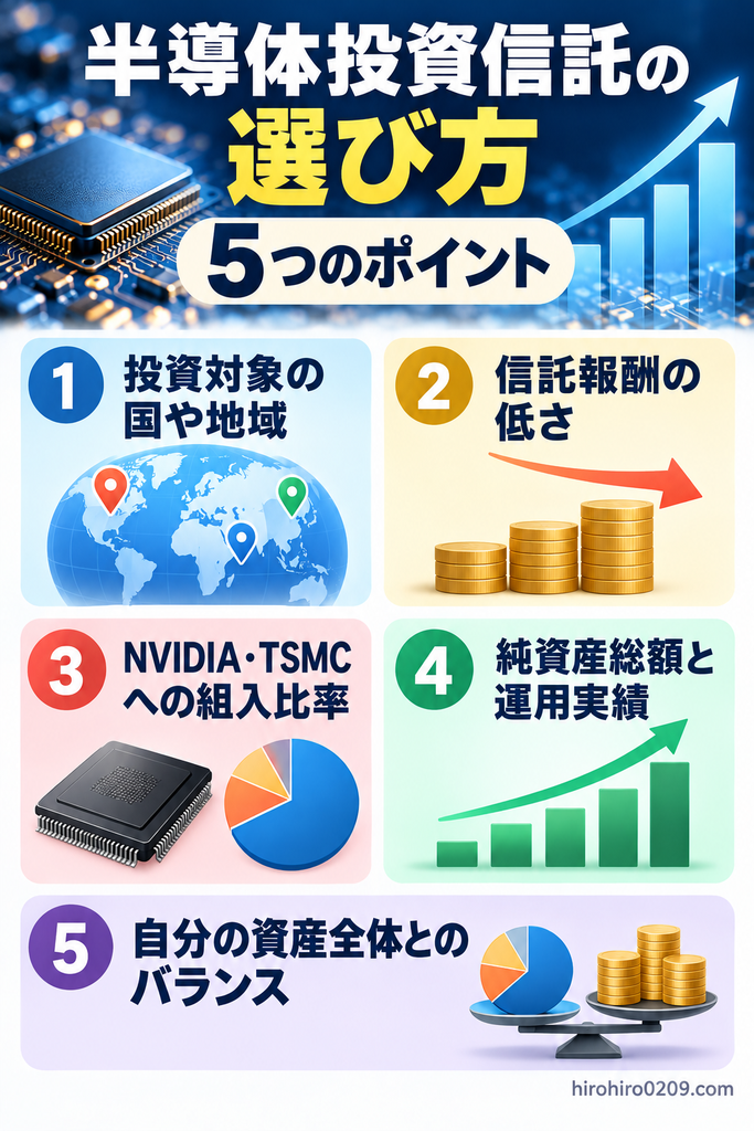 半導体投資信託の選び方を解説する図解。投資対象の国や地域、信託報酬の低さ、NVIDIA・TSMCの組入比率、純資産総額と運用実績、資産全体とのバランスの5つのポイントを紹介。