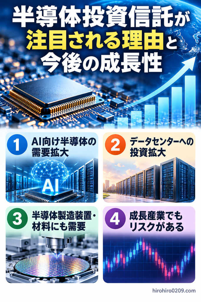 半導体投資信託が注目される理由と今後の成長性を解説する図解。AI向け半導体の需要拡大、データセンターへの投資拡大、半導体製造装置・材料の需要、成長産業でも株価下落のリスクがあることを紹介。