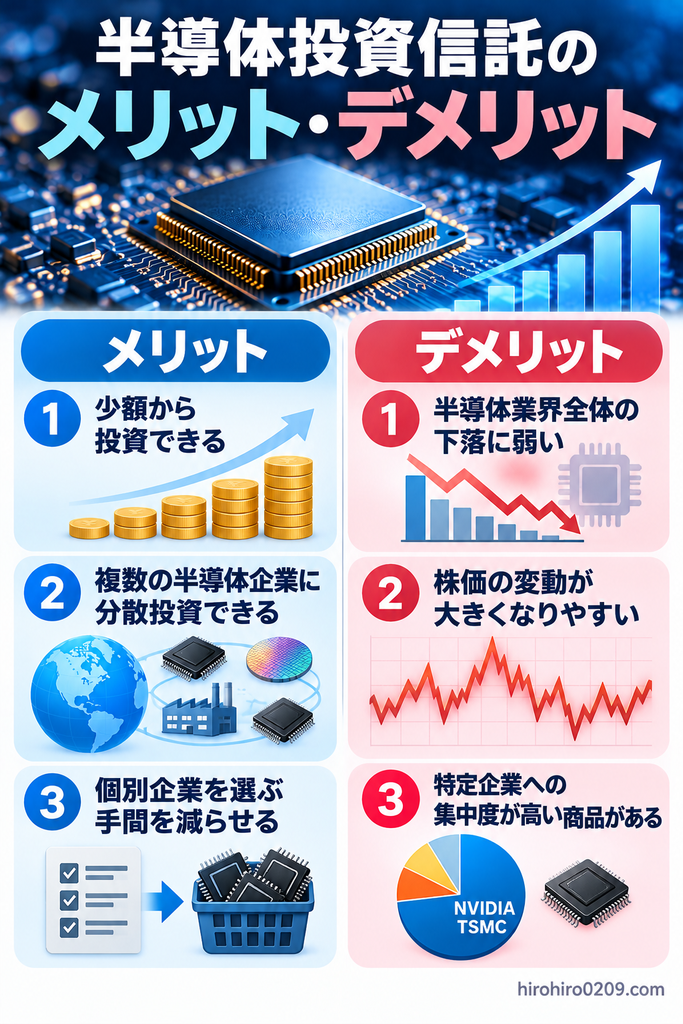 半導体投資信託のメリット・デメリットを比較した図解。少額投資、複数の半導体企業への分散投資、銘柄選びの手間削減という3つのメリットと、業界全体の下落リスク、株価変動の大きさ、特定企業への集中リスクという3つのデメリットを紹介。