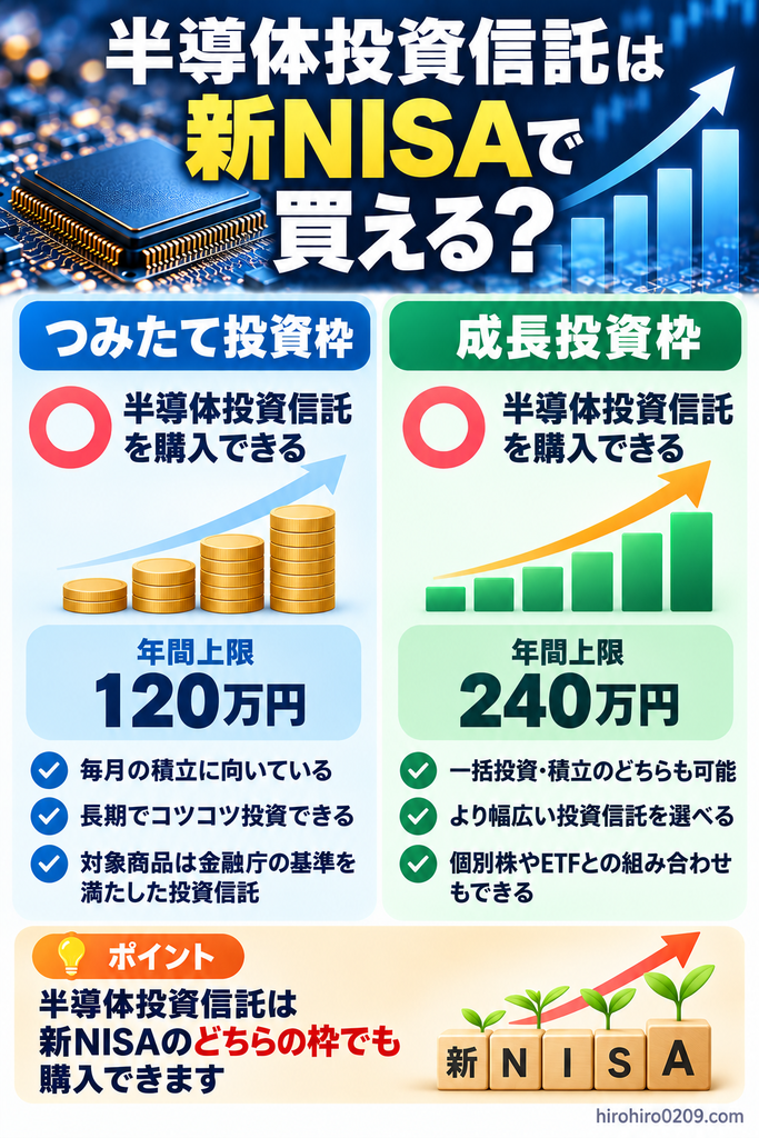 半導体投資信託の新NISA対応を解説する図解。つみたて投資枠の年間上限120万円と成長投資枠の年間上限240万円、それぞれの特徴や積立投資の仕組みを比較。対象商品は制度上の条件によって異なることを紹介。