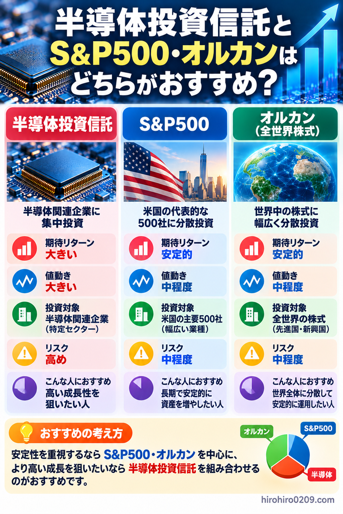 半導体投資信託・S&P500・オルカンの違いを比較した図解。半導体関連企業への集中投資、米国主要500社への分散投資、全世界株式への分散投資について、期待リターン、値動き、リスク、向いている人の特徴を紹介。