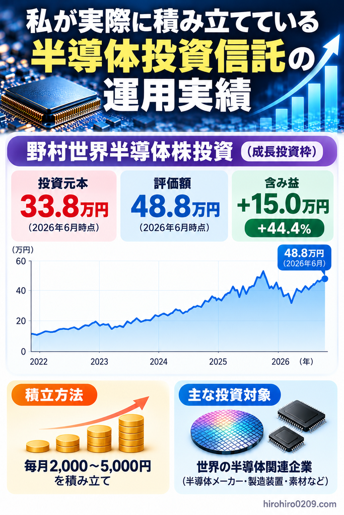 野村世界半導体株投資の運用実績を紹介する図解。2026年6月時点の投資元本33.8万円、評価額48.8万円、含み益15万円、損益率+44.4%を示し、積立投資と世界の半導体関連企業への投資を紹介。