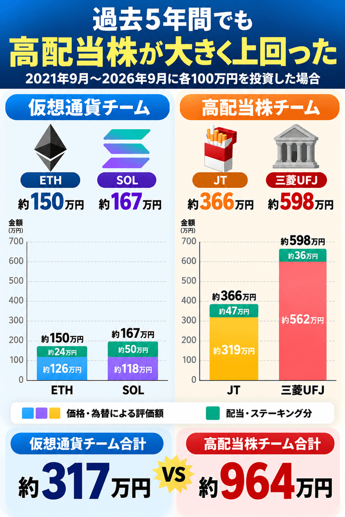 2021年9月から2026年9月まで各100万円を投資した場合のETH・SOLとJT・三菱UFJを比較し、価格・為替による評価額と配当・ステーキング分、最終評価額を示した図解