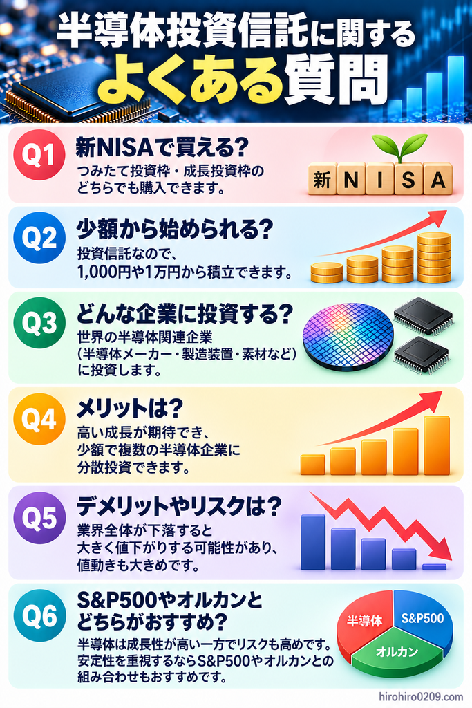 半導体投資信託に関するよくある質問をまとめた図解。新NISAでの購入、少額積立、投資対象となる半導体関連企業、メリット・デメリット、値下がりリスク、S&P500やオルカンとの違いについて6つのQ&A形式で解説。