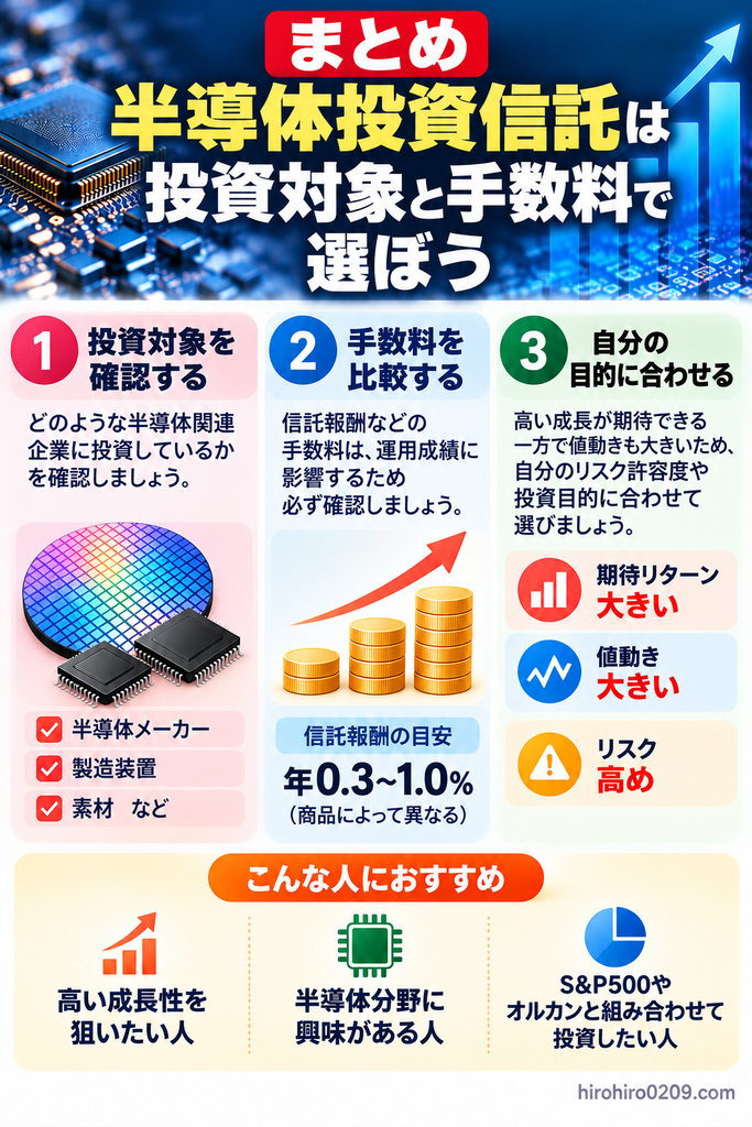 半導体投資信託の選び方をまとめた図解。投資対象となる半導体関連企業、信託報酬などの手数料、期待リターンや値動きのリスクを比較し、自分の投資目的やリスク許容度に合った商品を選ぶポイントを紹介。