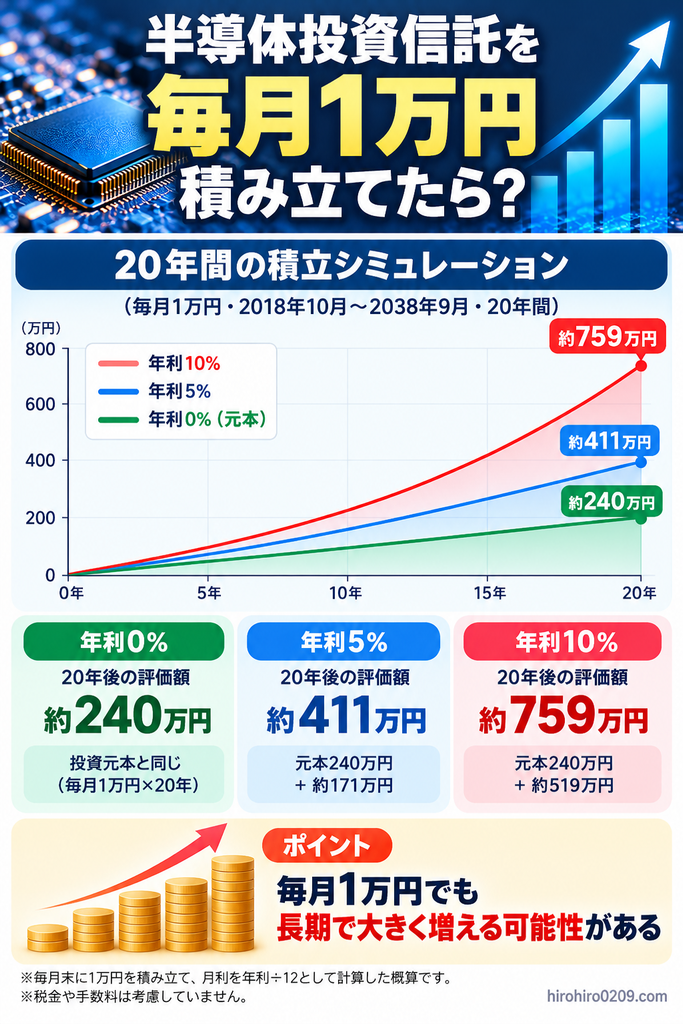半導体投資信託を毎月1万円、20年間積み立てた場合のシミュレーション図。投資元本240万円に対し、想定年利0%で約240万円、5%で約411万円、10%で約759万円となる計算結果をグラフで比較。