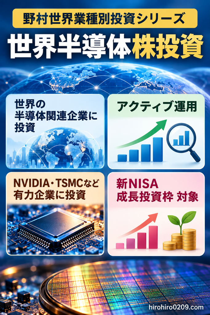 野村世界業種別投資シリーズ（世界半導体株投資）の特徴を解説する図解。世界の半導体関連企業への投資、アクティブ運用、NVIDIAやTSMCなどの主要企業への投資、新NISA成長投資枠への対応という4つの特徴を紹介