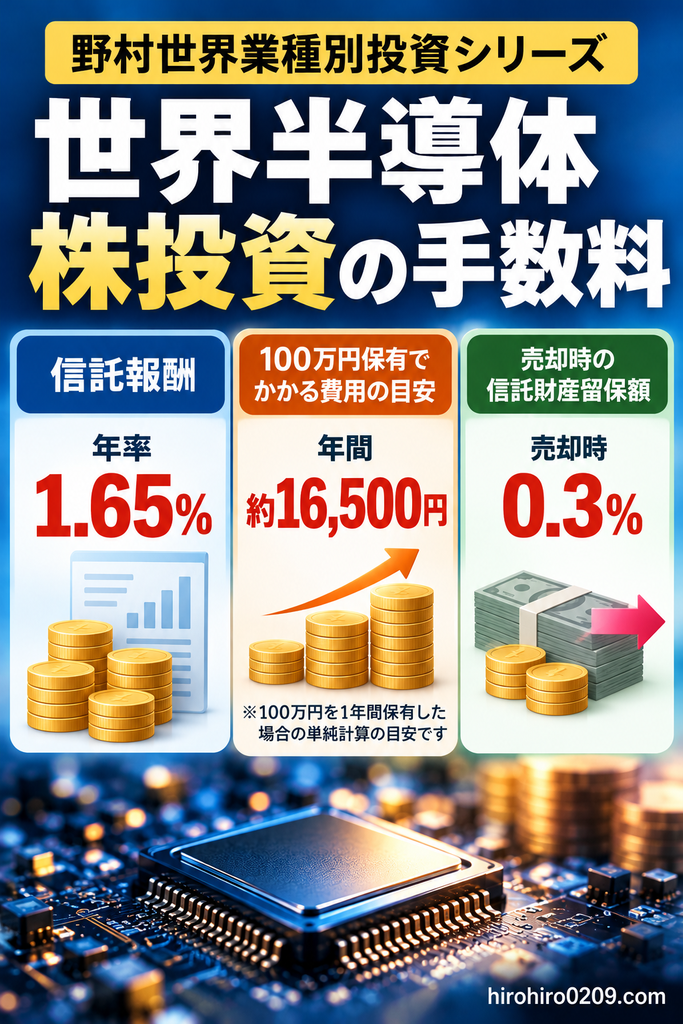 野村世界半導体株投資の手数料を解説する図解。信託報酬は年率1.65％、100万円を1年間保有した場合の費用は約16,500円、売却時の信託財産留保額は0.3％。年間費用は評価額が変わらないと仮定した単純計算の目安