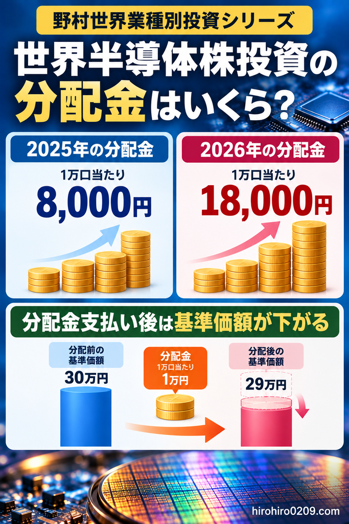 野村世界半導体株投資の分配金と基準価額の関係を解説する図解。分配金は2025年が1万口当たり8,000円、2026年が18,000円。分配前の基準価額30万円から1万円を分配すると、他の条件が変わらない場合、分配後は29万円になる仕組みを紹介
