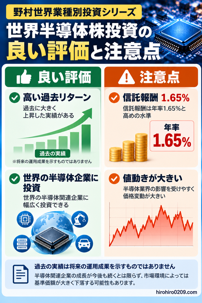 野村世界半導体株投資の良い評価と注意点を比較した図解。良い評価として高い過去リターンと世界の半導体関連企業への投資を紹介。注意点として年率1.65％の信託報酬と値動きの大きさを示し、過去の実績は将来の運用成果を保証しないことを説明