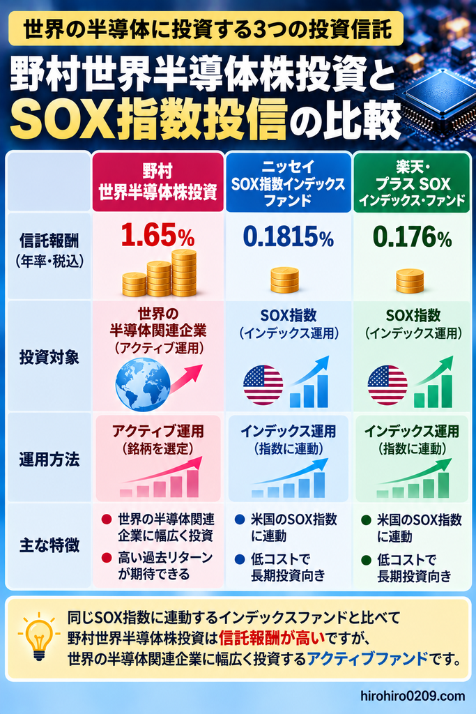 野村世界半導体株投資とSOX指数連動型投資信託2商品の比較図解。信託報酬は野村世界半導体株投資が年率1.65％、ニッセイSOX指数が0.1815％、楽天・プラス・SOXが0.176％。野村は世界の半導体関連企業を選定するアクティブ運用、他の2商品はSOX指数に連動するインデックス運用で、投資対象と運用方法の違いを紹介