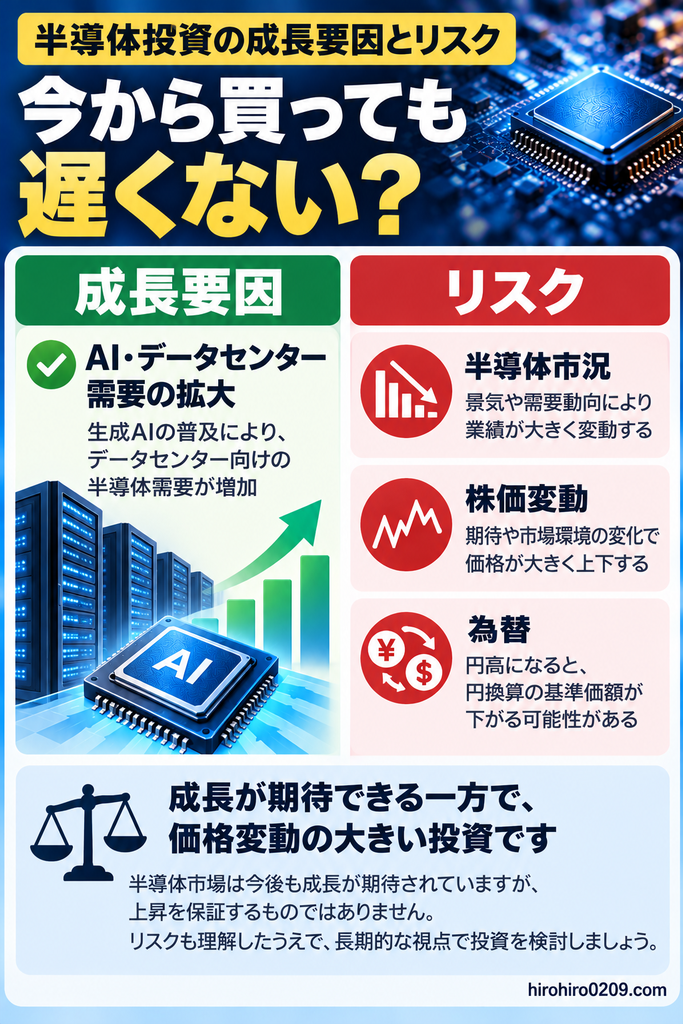 野村世界半導体株投資の成長要因とリスクを比較した図解。AI・データセンター需要の拡大による半導体市場の成長期待を紹介する一方、半導体市況の変動、株価の大幅な上下、円高による為替リスクを解説。将来の株価上昇は保証されず、リスクを理解した長期投資が重要であることを示す