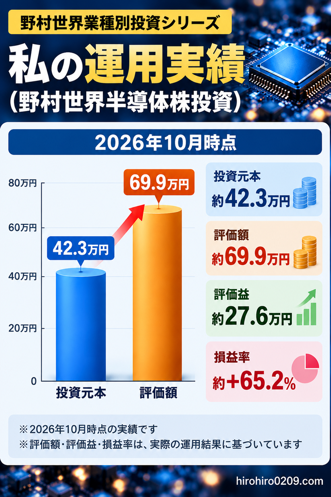 野村世界半導体株投資の2026年10月時点の運用実績を示す図解。投資元本約42.3万円と評価額約69.9万円を棒グラフで比較し、評価益約27.6万円、元本に対する損益率約＋65.2％となった実際の運用結果を紹介