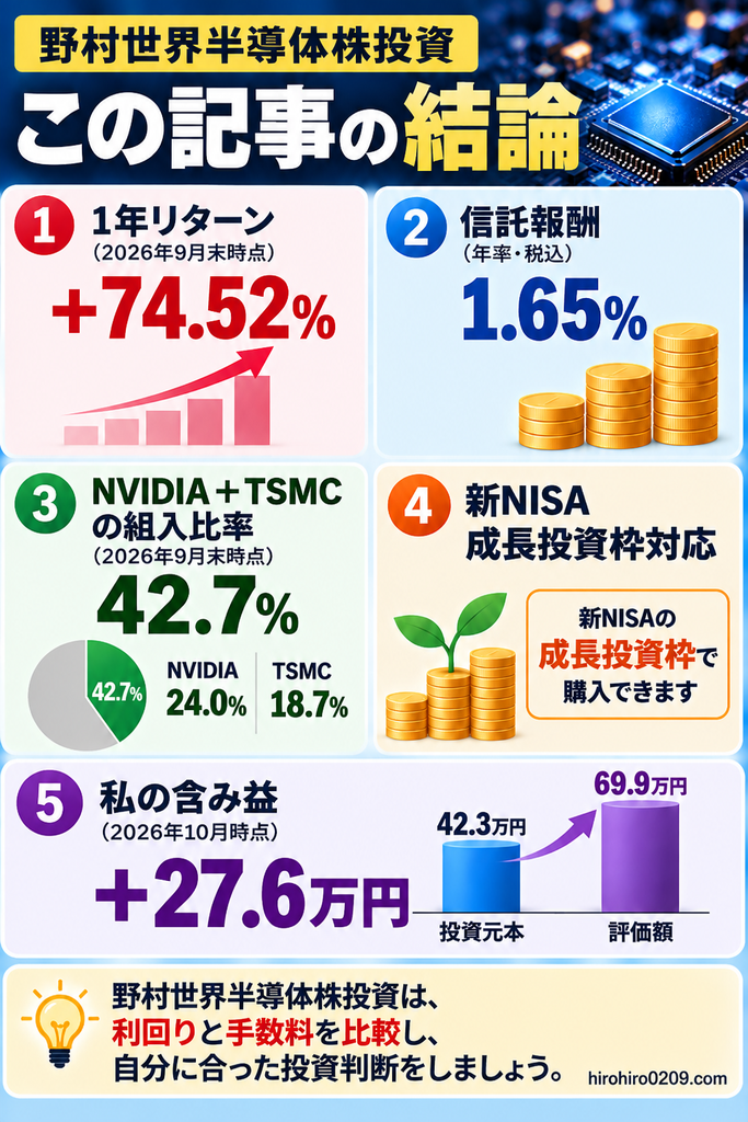野村世界半導体株投資の記事の結論を5項目でまとめた図解。2026年9月末時点の過去1年リターン＋74.52％、信託報酬年率1.65％、NVIDIAとTSMCの合計組入比率42.7％、新NISA成長投資枠への対応、2026年10月時点の投資元本42.3万円、評価額69.9万円、含み益27.6万円を紹介