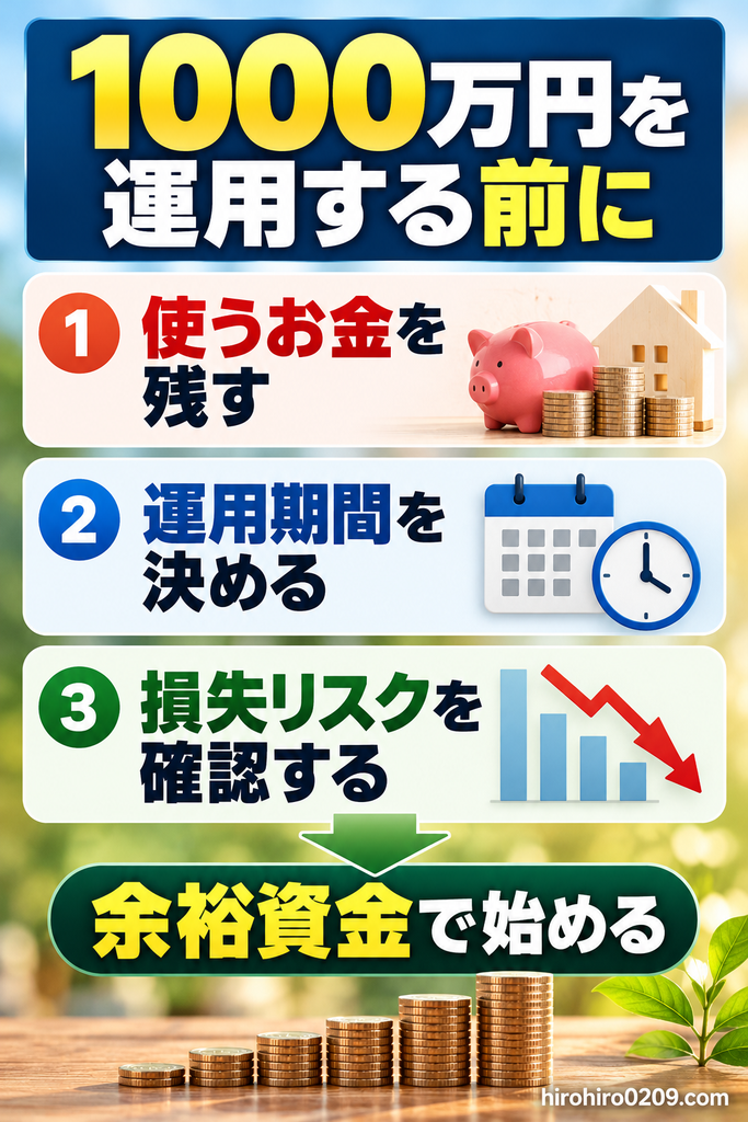 1000万円を運用する前に確認したい3つのポイントを解説する図解。使うお金を残す、運用期間を決める、損失リスクを確認するという基本事項を示し、余裕資金で投資を始める大切さを紹介