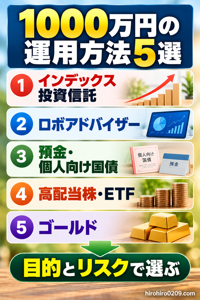 1000万円の運用方法おすすめ5選を比較する図解。インデックス投資信託、ロボアドバイザー、預金・個人向け国債、高配当株・ETF、ゴールドの5種類を紹介し、運用目的とリスクに応じた選び方を解説
