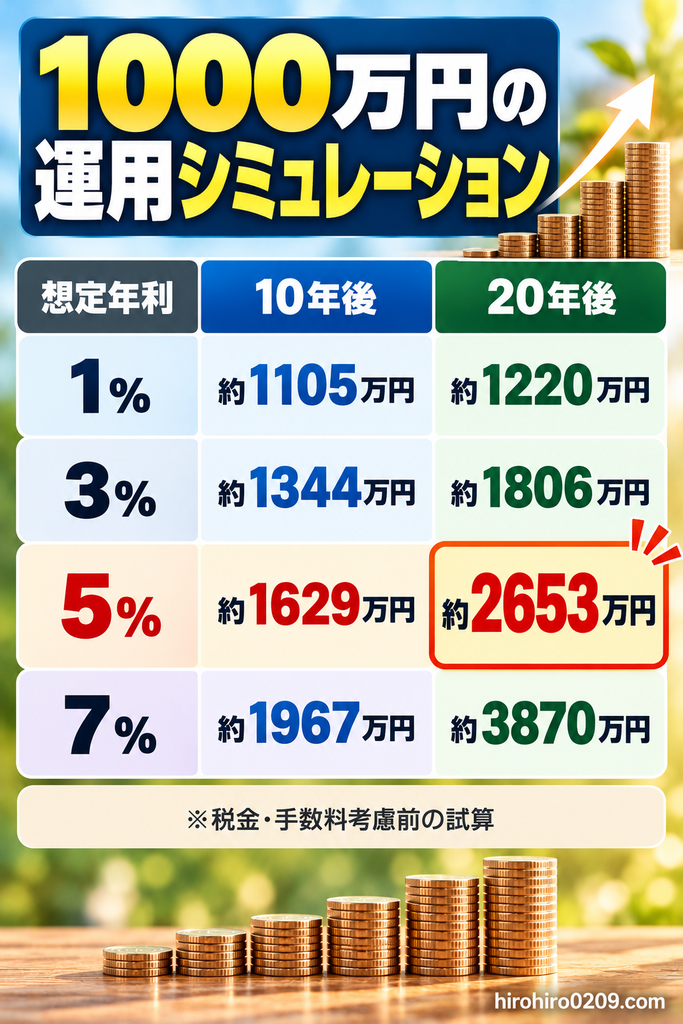 1000万円を年利1%・3%・5%・7%で複利運用した場合の10年後・20年後の資産額を比較した図解。年利5%では10年後に約1629万円、20年後に約2653万円になる試算を紹介。税金・手数料考慮前のシミュレーション
