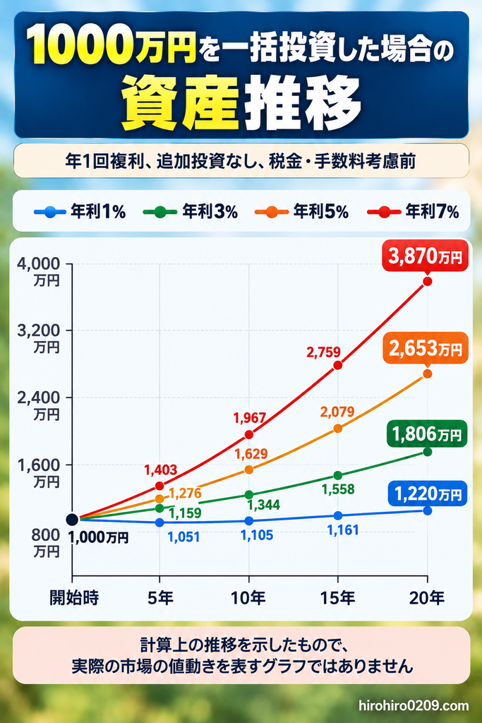 1000万円を一括投資し、年利1%・3%・5%・7%で20年間複利運用した場合の資産推移を比較した折れ線グラフ。20年後の資産額はそれぞれ約1220万円・1806万円・2653万円・3870万円。追加投資なし、税金・手数料考慮前の試算