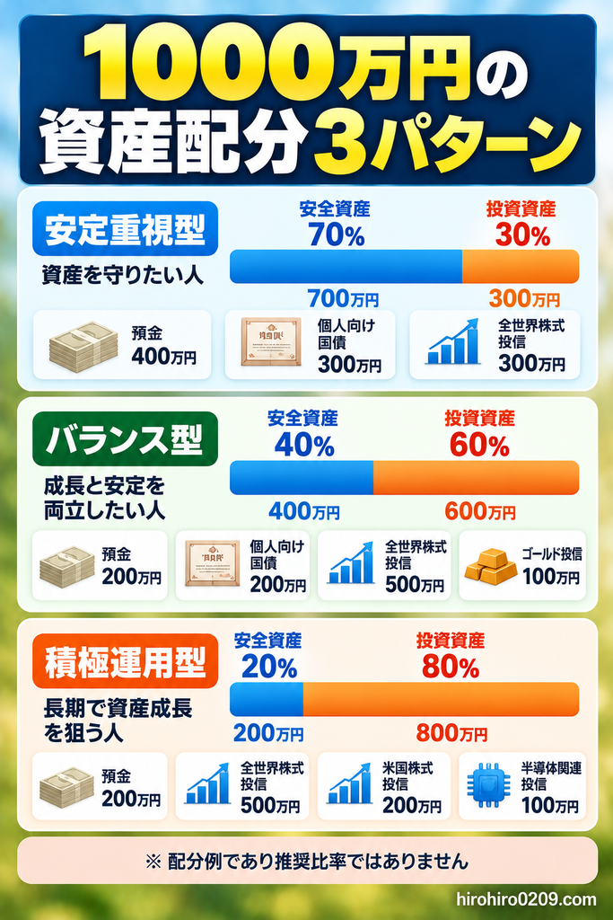 1000万円の資産配分3パターンを比較した図解。安定重視型は安全資産70%・投資資産30%、バランス型は40%・60%、積極運用型は20%・80%。預金、個人向け国債、株式投資信託、ゴールドなどの具体的な配分額を紹介