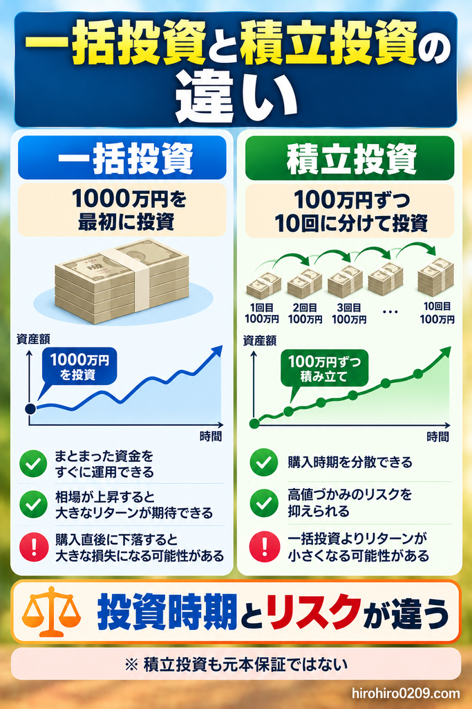 1000万円の一括投資と積立投資の違いを比較した図解。一括投資は最初に1000万円をまとめて投資し、積立投資は100万円ずつ10回に分けて投資する方法。購入時期の分散、期待リターン、下落リスクの違いを紹介し、積立投資も元本保証ではないことを解説