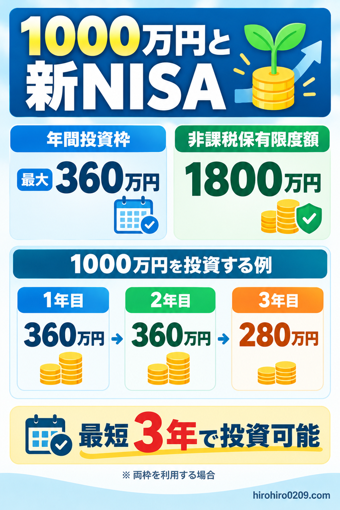 1000万円を新NISAで運用する場合の投資枠と投資計画を示した図解。年間投資枠は最大360万円、非課税保有限度額は1800万円。つみたて投資枠と成長投資枠を併用し、1年目360万円、2年目360万円、3年目280万円を投資する最短3年間の例を紹介