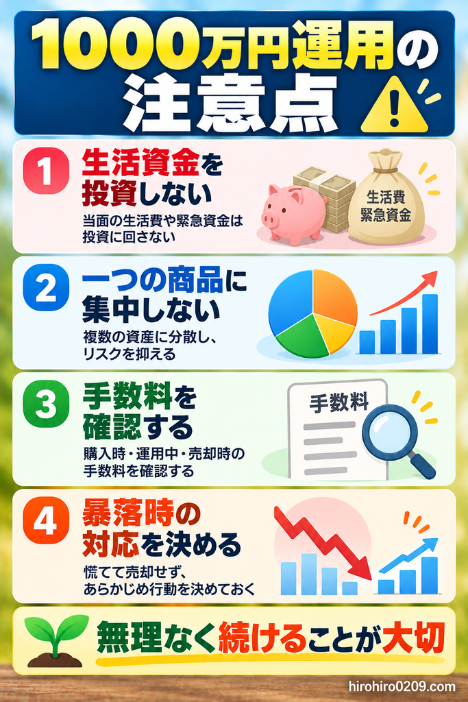 1000万円の運用で失敗しないための4つの注意点を解説する図解。生活資金を投資しない、一つの商品に集中しない、手数料を確認する、暴落時の対応を決めるというポイントを紹介し、無理なく長期投資を続ける大切さを説明