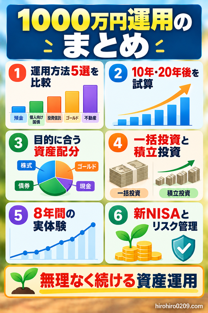 1000万円の運用方法をまとめた図解。投資信託や国債などの運用方法5選、10年後・20年後の資産シミュレーション、目的に合った資産配分、一括投資と積立投資の違い、8年間の運用実績、新NISAの活用とリスク管理を紹介し、無理なく資産運用を続ける大切さを解説