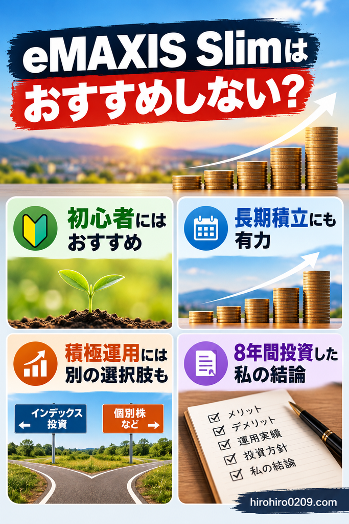 eMAXIS Slimはおすすめしないのか、8年間投資した経験をもとに検証する図解。初心者にはおすすめ、長期積立にも有力、積極運用には別の選択肢もあるという結論を4つのイラストで紹介