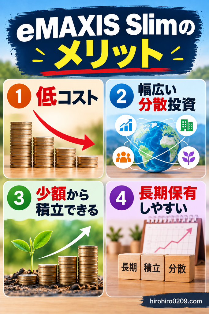 eMAXIS Slimをおすすめする4つの理由を紹介する図解イラスト。低コスト、幅広い分散投資、少額からの積立、長期保有のしやすさを、コインや地球儀、植物、カレンダーを使って解説