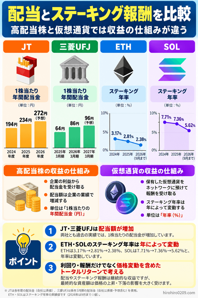 JT・三菱UFJの年間配当金とETH・SOLのステーキング年率の推移を比較し、収益の仕組みや価格変動を含めたトータルリターンの重要性をまとめた図解