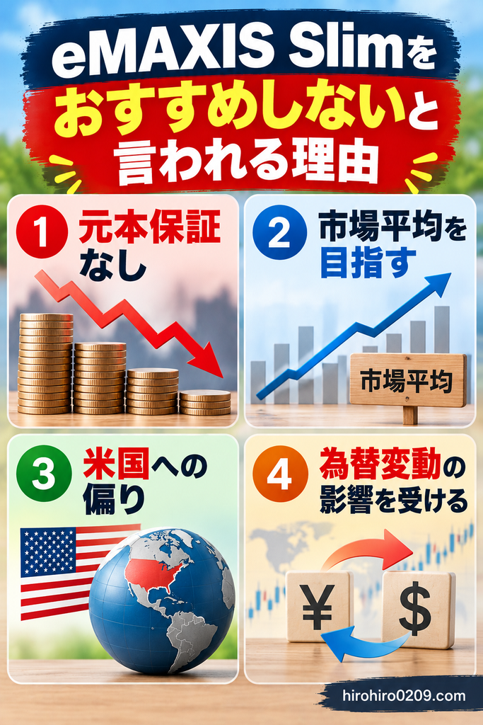 eMAXIS Slimをおすすめしないと言われる4つの理由を解説する図解イラスト。元本保証がないこと、市場平均への連動を目指すこと、米国株への投資比率が高いこと、為替変動の影響を受けることを紹介