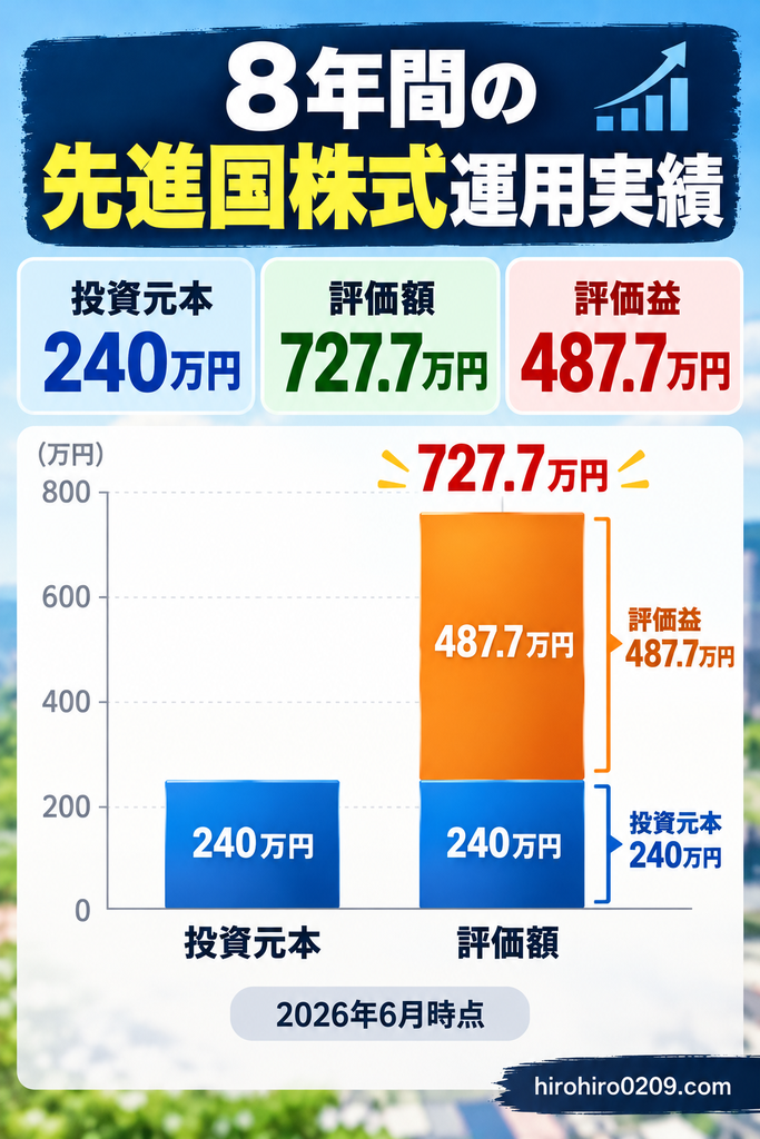 eMAXIS Slim先進国株式インデックスの8年間の運用実績を示す積み上げ棒グラフ。2026年6月時点で投資元本240万円が評価額727.7万円となり、評価益487.7万円を達成した結果を紹介