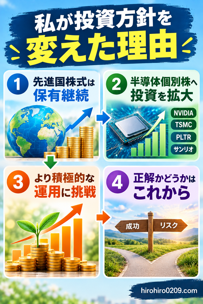 先進国株式を保有しながら半導体個別株への投資を拡大した理由を示す図解イラスト。先進国株式の保有継続、半導体個別株への投資拡大、より積極的な運用への挑戦、投資方針の変更が正しかったかは今後の結果次第であることを紹介