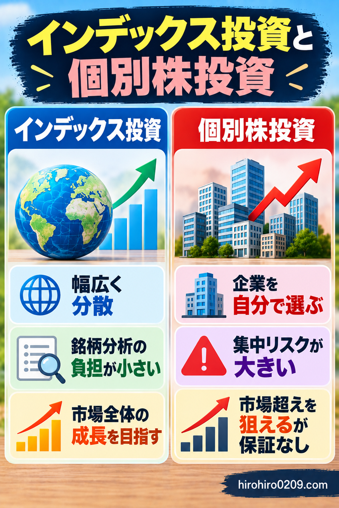 インデックス投資と個別株投資の違いを比較した図解イラスト。インデックス投資は幅広い分散投資ができ、銘柄分析の負担が小さく、市場全体の成長を目指す一方、個別株投資は企業を自分で選び、集中リスクが大きいものの、市場平均を上回る利益を狙えるが保証はないことを解説
