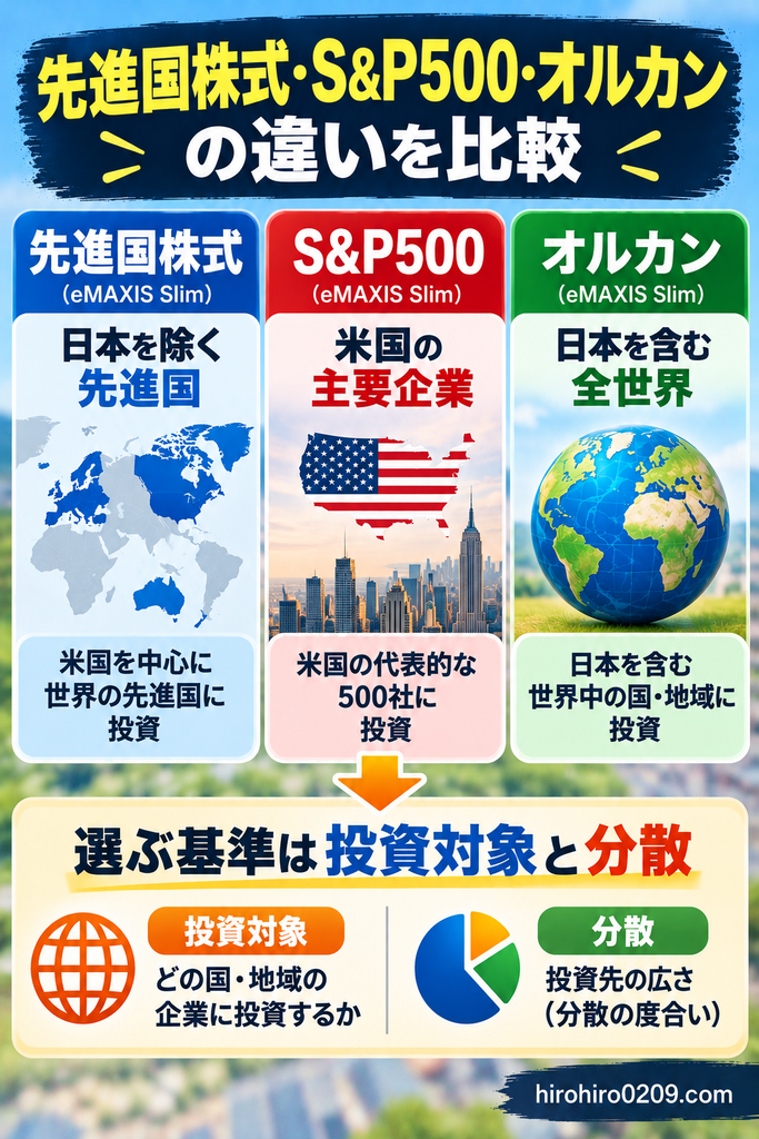 eMAXIS Slimの先進国株式、米国株式（S&P500）、全世界株式（オール・カントリー）の投資対象と分散の違いを比較した図解イラスト。先進国株式は日本を除く先進国、S&P500は米国の主要500社、オルカンは日本を含む全世界に投資する特徴を解説