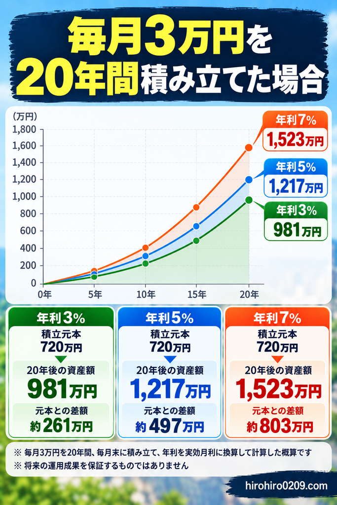 毎月3万円を20年間積み立てた場合の資産推移を、年利3％・5％・7％で比較したシミュレーショングラフ。投資元本720万円に対し、20年後の評価額は年利3％で約981万円、5％で約1,217万円、7％で約1,523万円となる試算結果を紹介。将来の運用成果を保証するものではない