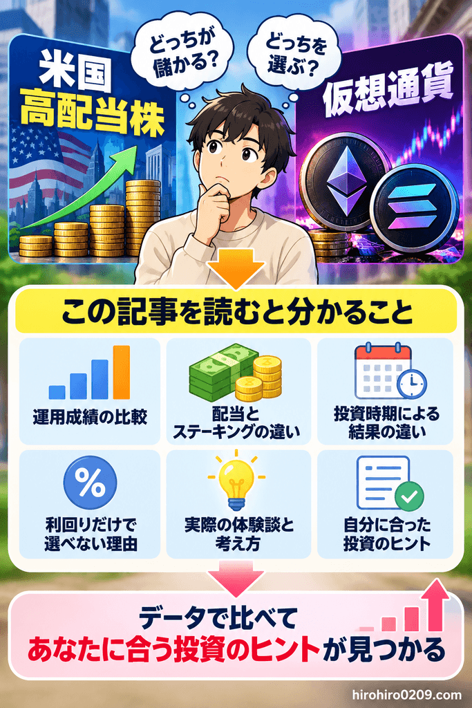 米国高配当株と仮想通貨を比較し、運用成績や配当とステーキングの違い、投資時期による結果の違いが分かることを示した図解