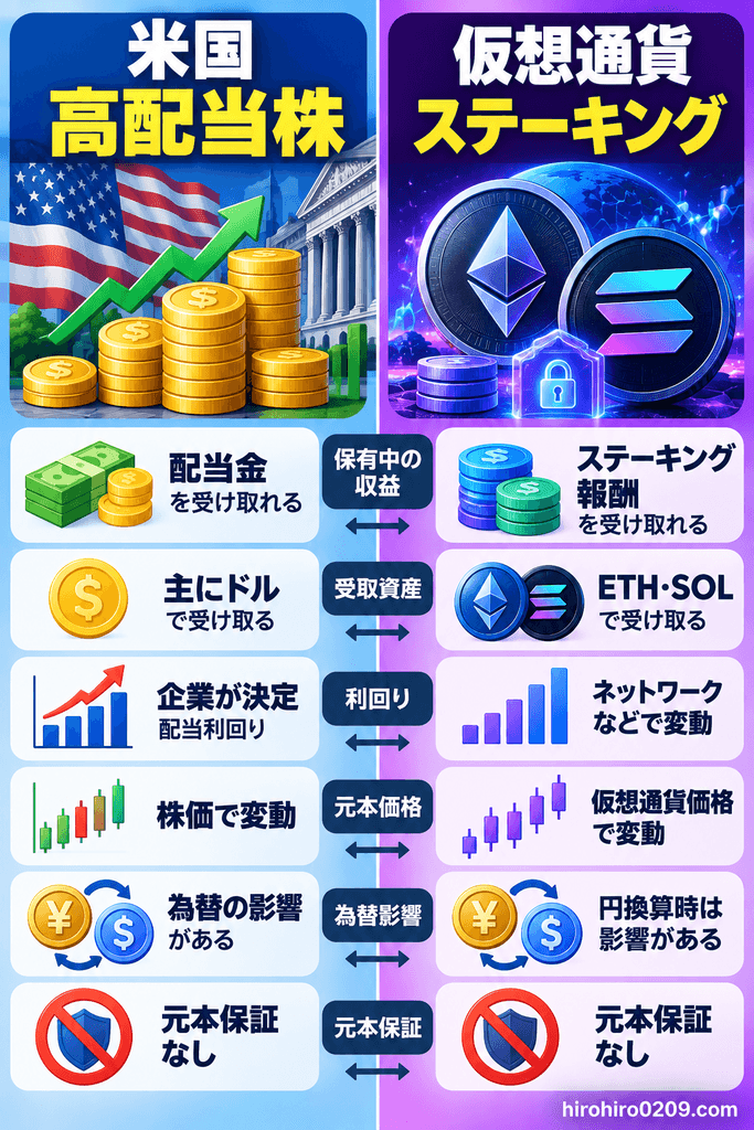 米国高配当株と仮想通貨ステーキングについて、配当金とステーキング報酬、利回り、価格変動、為替影響などの違いを比較した図解