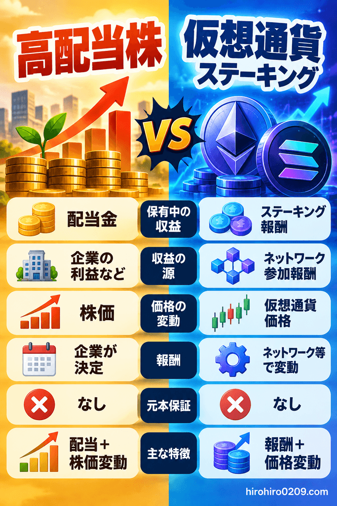 高配当株と仮想通貨のステーキングの違いを比較する図解。配当金とステーキング報酬、収益源、価格変動、元本保証などを比較