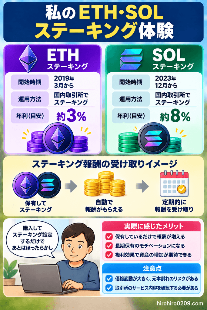 ETHとSOLを実際にステーキングし、報酬を受け取りながら長期保有している体験とメリット・注意点をまとめた図解