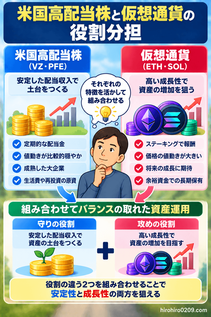米国高配当株と仮想通貨の特徴を比較し、配当収入を得る守りの役割と成長を狙う攻めの役割を組み合わせる考え方を示した図解