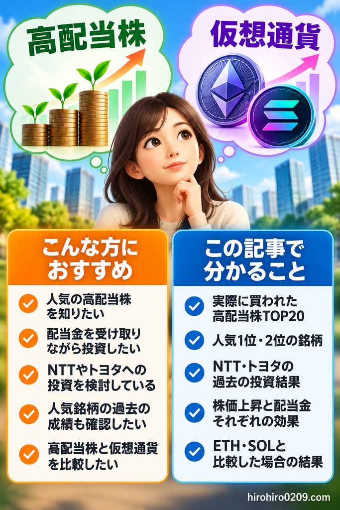 人気の高配当株を知りたい人向けに、NTT・トヨタの投資結果やETH・SOLとの比較で分かることをまとめた図解