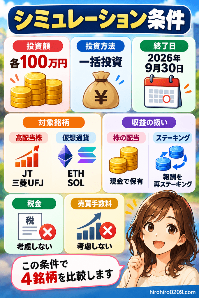 各100万円を一括投資し、JT・三菱UFJとETH・SOLを比較するシミュレーション条件の図解