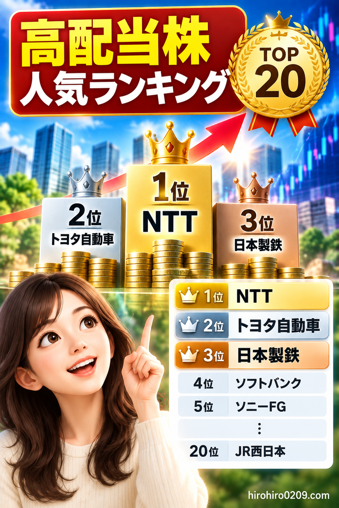 高配当株人気ランキングTOP20として、1位NTT、2位トヨタ自動車、3位日本製鉄など実際に買われた人気銘柄を紹介する図解